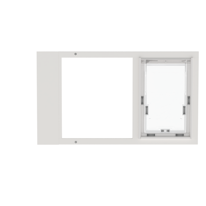 A front view of a white Dragon brand double flap pet door insert for aluminum garden sash windows, closed.