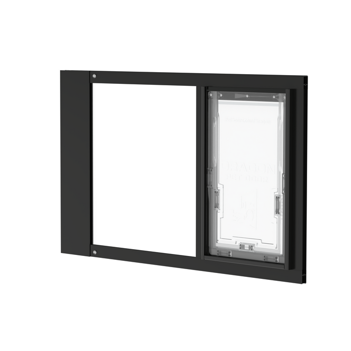 Black Dragon double flap pet door insert for sash windows, front view, closed. Double flap system maximizes energy efficiency and weather resistance.