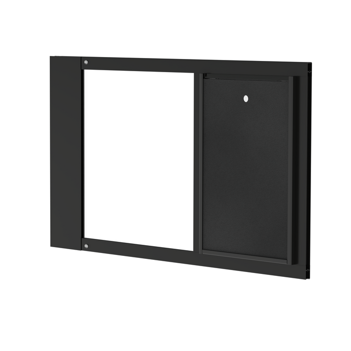 A close-up of a black Dragon brand double flap pet door insert for aluminum sash windows, slightly tilted open.