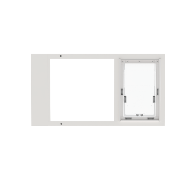 A front view of a white Dragon brand double flap pet door insert for aluminum horizontal sash windows, closed.