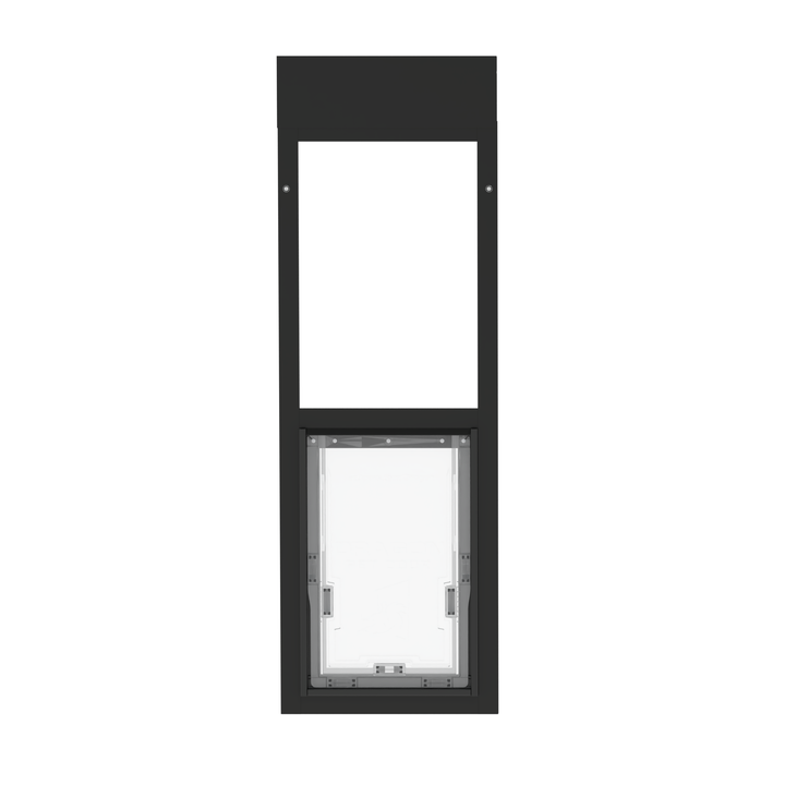 A black Dragon brand double flap pet door insert for windows, front view. The door features a durable aluminum frame and UV-resistant additives for weather protection.