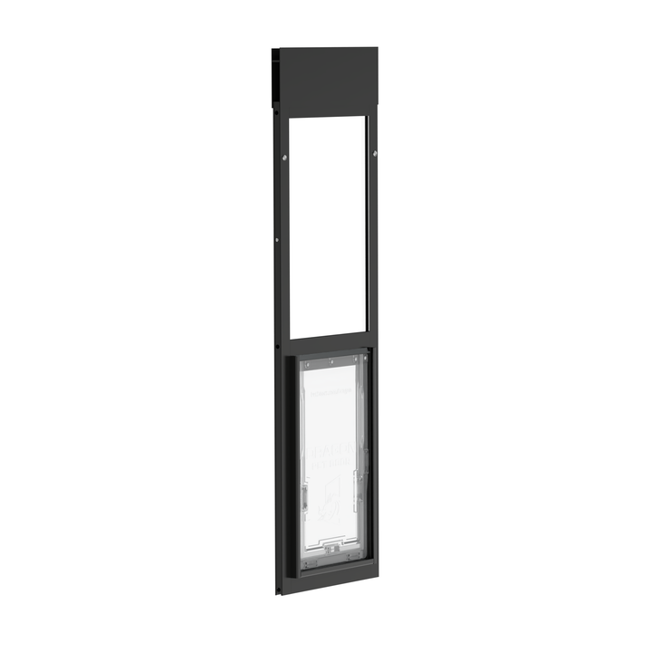  Dragon large single flap pet door for windows, black, angled view.