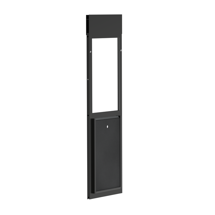  Dragon large single flap pet door for windows, black, angled view with locking cover.