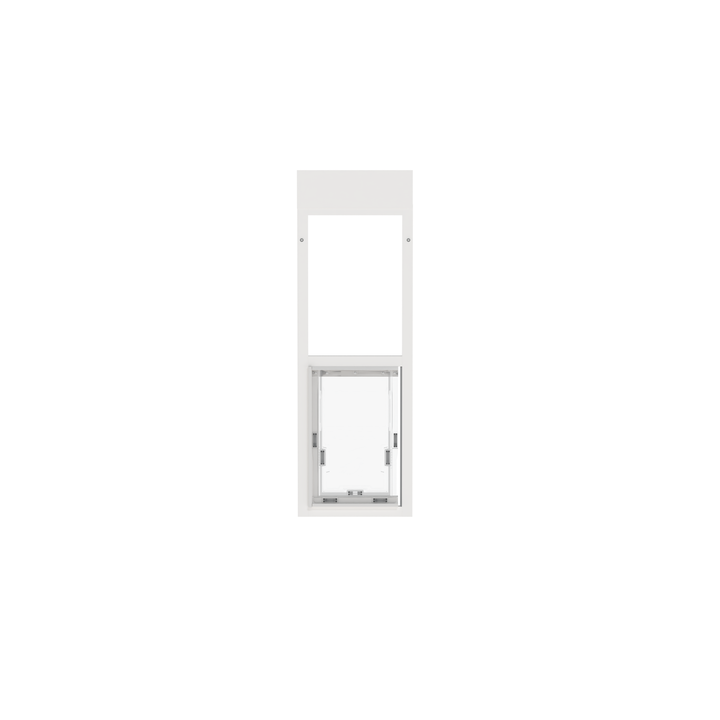 A white Dragon brand double flap pet door insert for windows, front view without locking cover. The door is designed to fit side-sliding windows with tracks that are 34"–37" or 46"–49" tall.