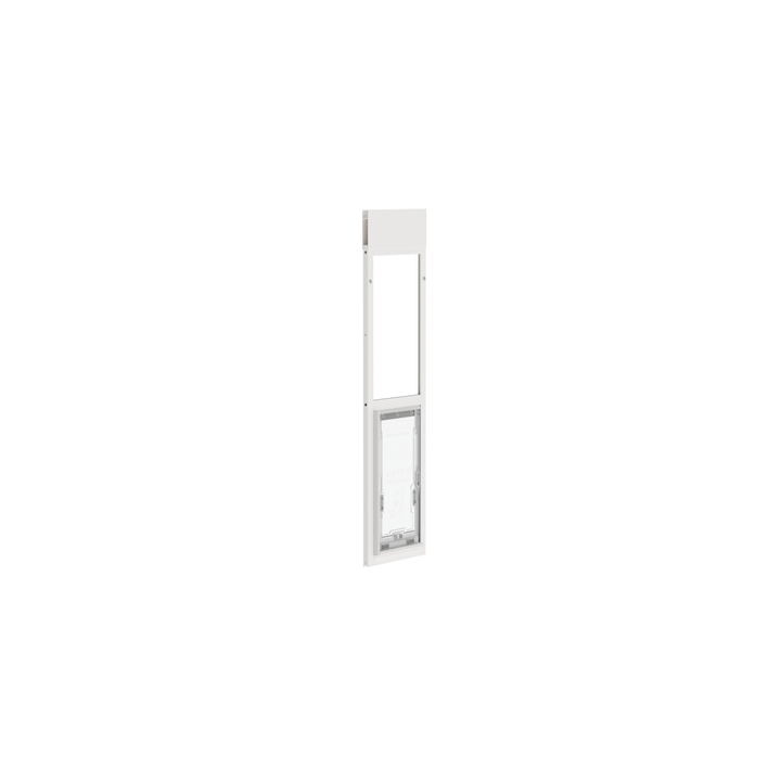 Dragon large single flap pet door for windows, white, angled view.