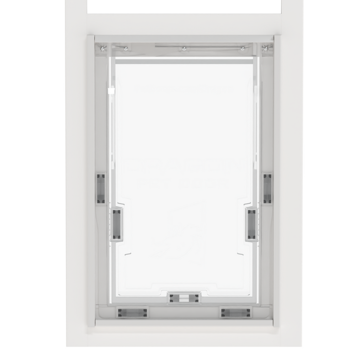 A zoomed-in front view of a white aluminum sliding glass door insert for a large Dragon brand pet door, closed.