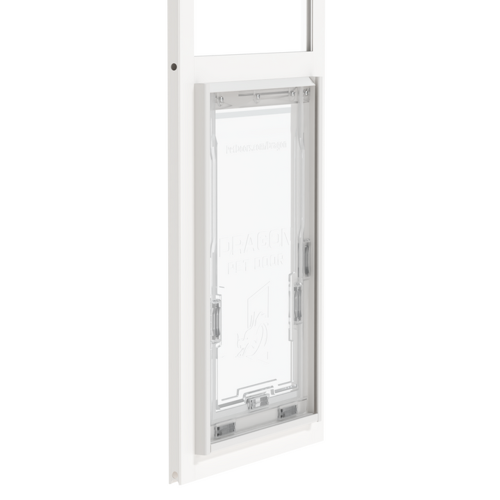  White Dragon single flap pet door for aluminum sliding glass doors, front view, zoomed in. Fits sliding door track heights ranging from 74.75" to 96.25". 