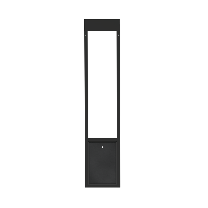 Black Dragon single flap pet door for aluminum sliding glass doors, front view, with locking cover. Extruded aluminum frame made for sliding glass door tracks at least 1" thick.