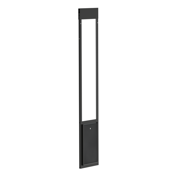 A close-up of a black aluminum sliding glass door insert for a large Dragon brand pet door, slightly tilted open.