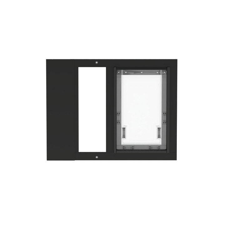  A front view of a black Dragon brand double flap pet door insert for aluminum basement sash windows, closed.