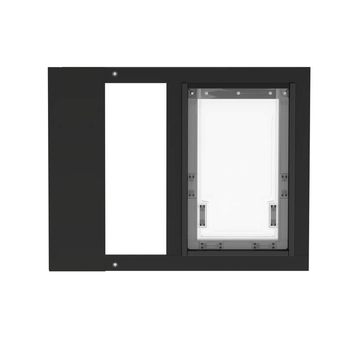 Black Dragon double flap pet door insert for sash windows, front view, closed, with locking cover. Ideal for renters or vacation homes.