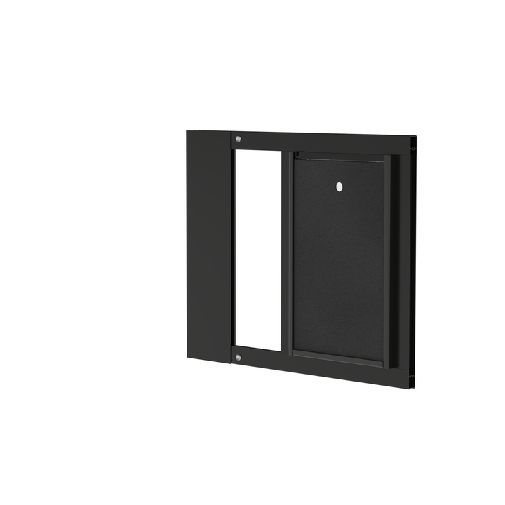 A close-up of a black Dragon brand double flap pet door insert for aluminum casement sash windows, slightly tilted open, with the locking cover removed.