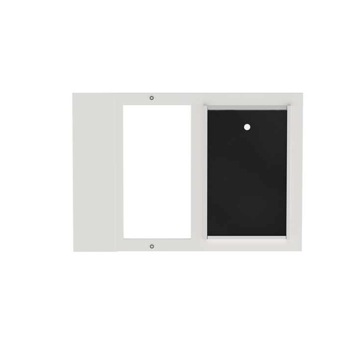 A front view of a white Dragon brand double flap pet door insert for aluminum casement sash windows, closed, with the locking cover in place. 