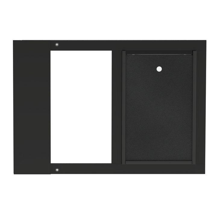 A front view of a black Dragon brand double flap pet door insert for aluminum double-hung sash windows