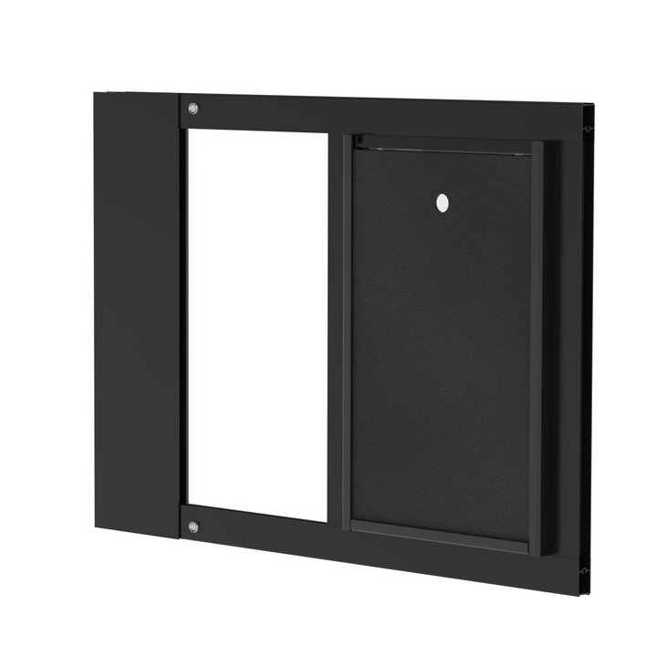A close-up of a black Dragon brand double flap pet door insert for aluminum double-hung sash windows, slightly tilted open.