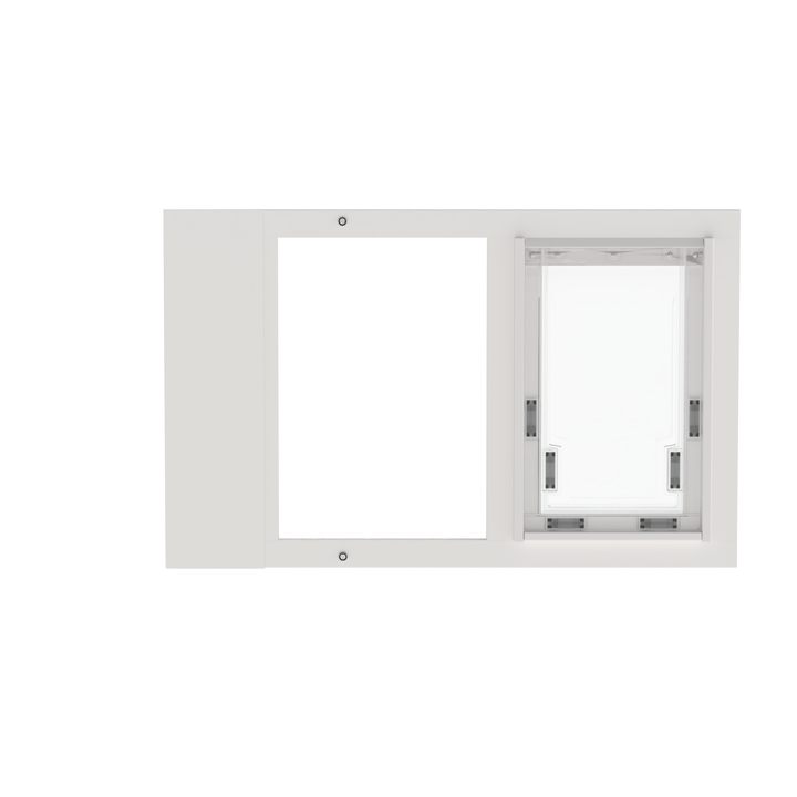 White Dragon double flap pet door insert for sash windows, front view, closed. Adjustable width ranges to fit windows 22"-43" wide.