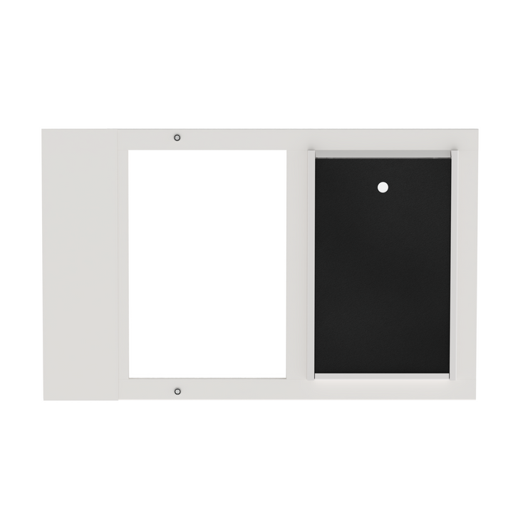 A front view of a white Dragon brand double flap pet door insert for aluminum double-hung sash windows, closed. 