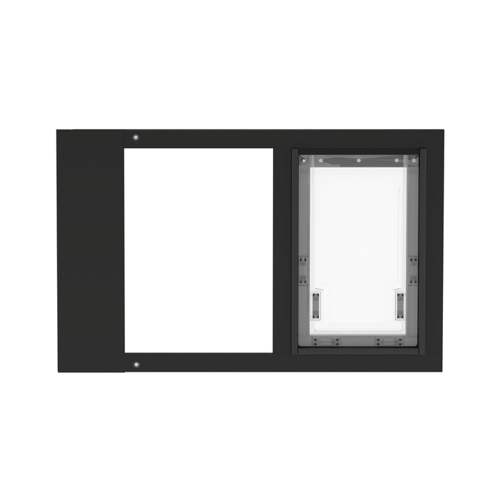 Black Dragon double flap pet door insert for sash windows, front view, closed. Sturdy aluminum framing available in black or white, with UV-resistant additives for durability.