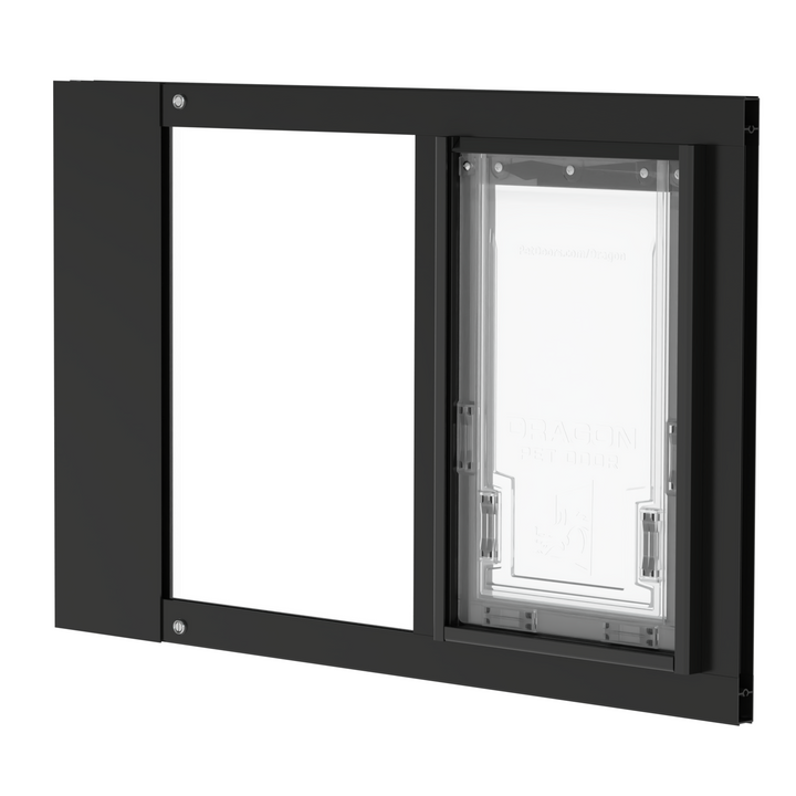 A close-up of a black Dragon brand double flap pet door insert for aluminum egress sash windows, slightly tilted open.