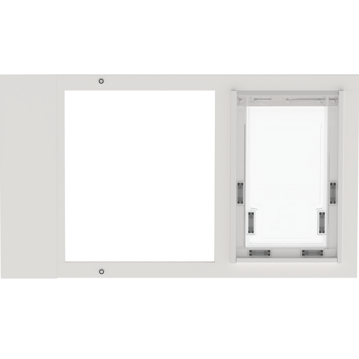 A front view of a white Dragon brand double flap pet door insert for aluminum egress sash windows, closed.