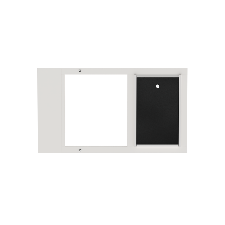 A front view of a white Dragon brand double flap pet door insert for aluminum egress sash windows, closed.