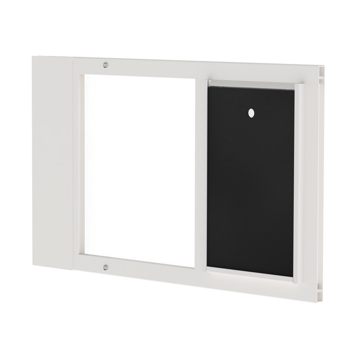 A close-up of a white Dragon brand double flap pet door insert for aluminum egress sash windows, slightly tilted open.