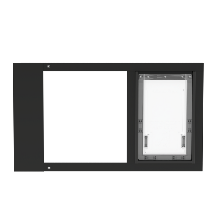 A front view of a black Dragon brand double flap pet door insert for aluminum fixed sash windows.