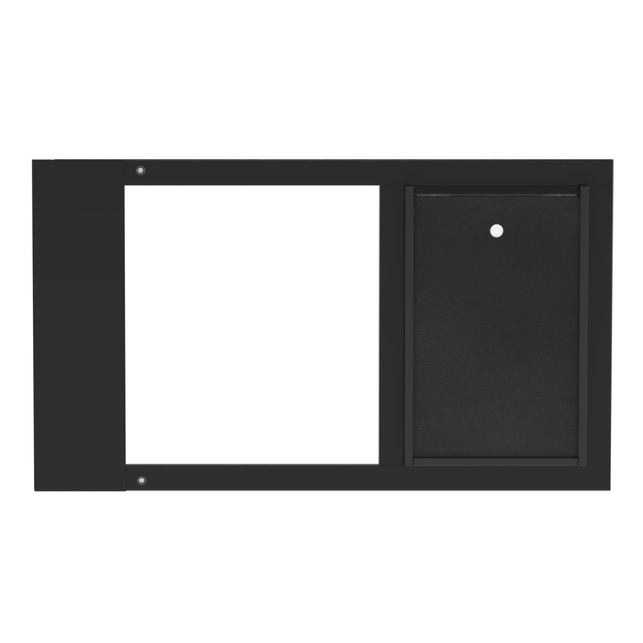 A front view of a black Dragon brand double flap pet door insert for aluminum fixed sash windows, closed.