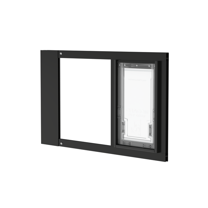 A close-up of a black Dragon brand double flap pet door insert for aluminum fixed sash windows, slightly tilted open.