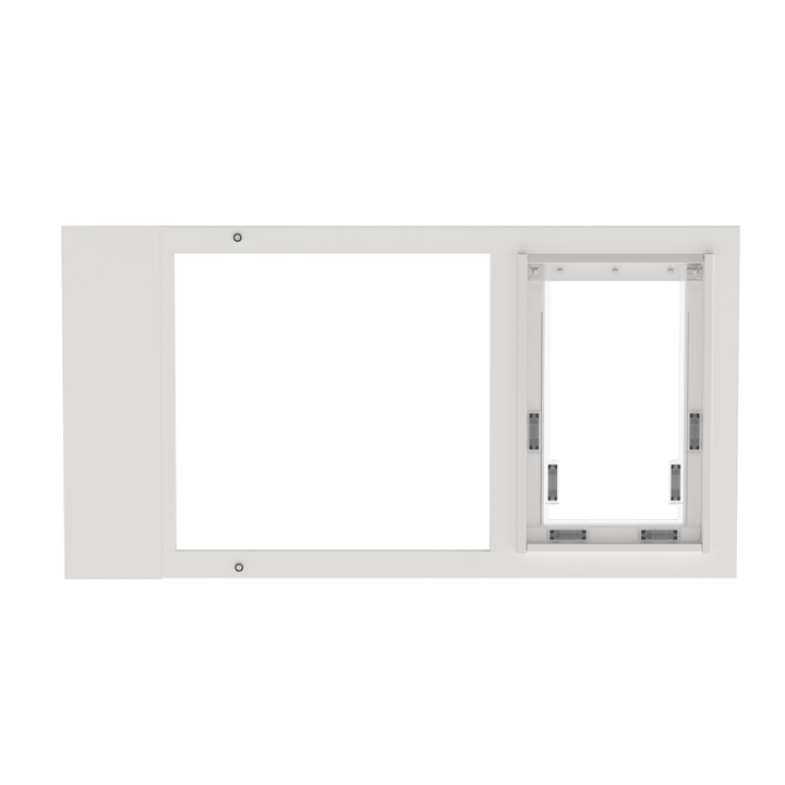 White Dragon double flap pet door insert for aluminum sash windows, front view, closed. Adjustable width ranges to fit windows 22"-43" wide.