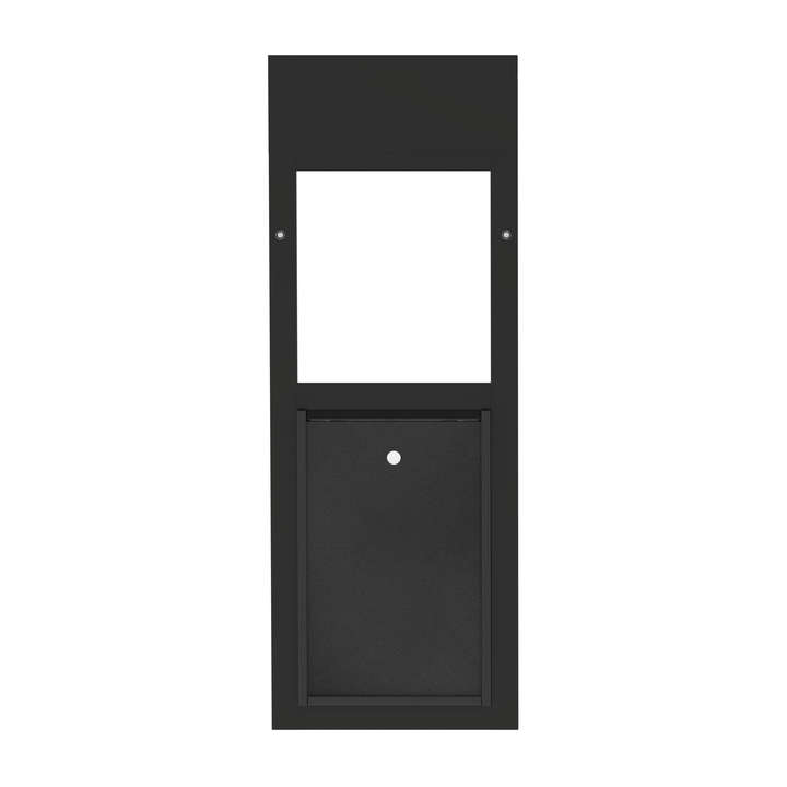  Dragon medium single flap pet door for windows, black, front view with locking cover.