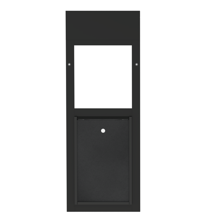 Black Dragon Double Flap Pet Door for Windows from the side, showing the two flaps closed.