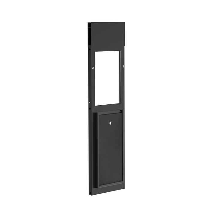  Dragon medium single flap pet door for windows, black, angled view with locking cover.
