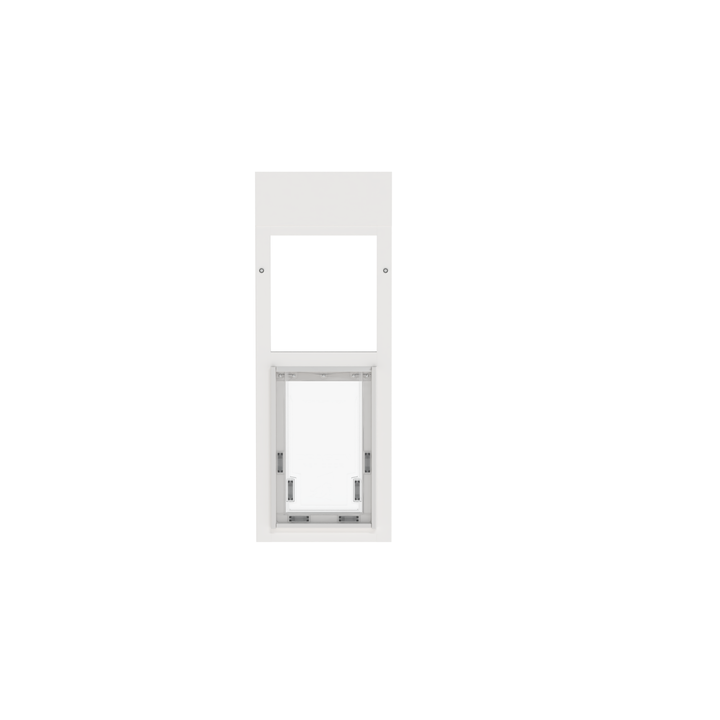 A white Dragon brand double flap pet door insert for windows, front view without locking cover. The door features an efficient double flap design with magnets to keep the flap securely shut when not in use.