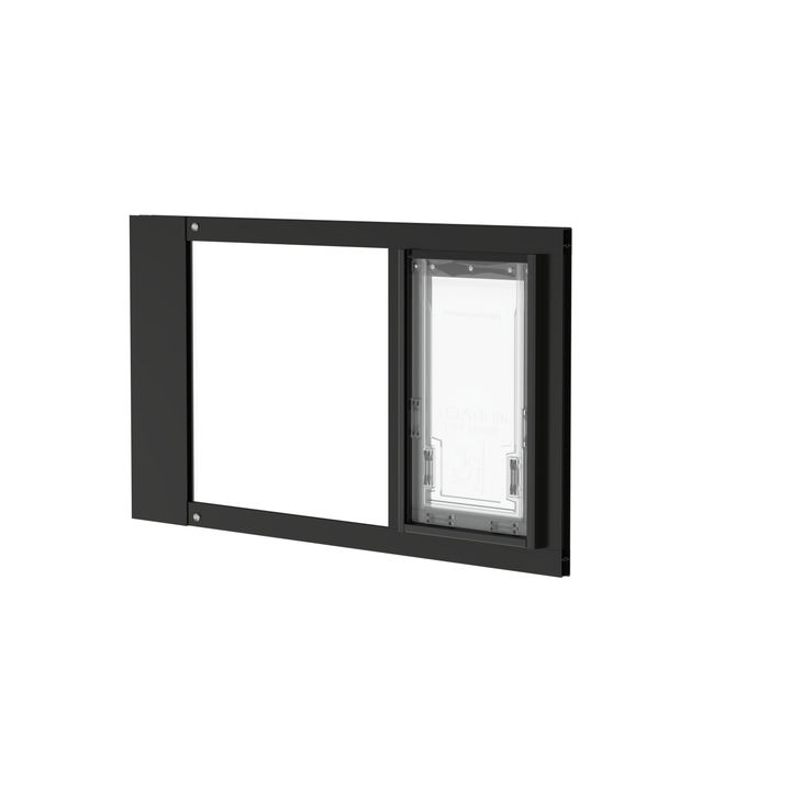 Black Dragon double flap pet door insert for aluminum sash windows, front view, closed, with locking cover. Designed for sash windows.