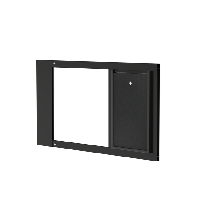 A close-up of a black Dragon brand double flap pet door insert for aluminum sash windows