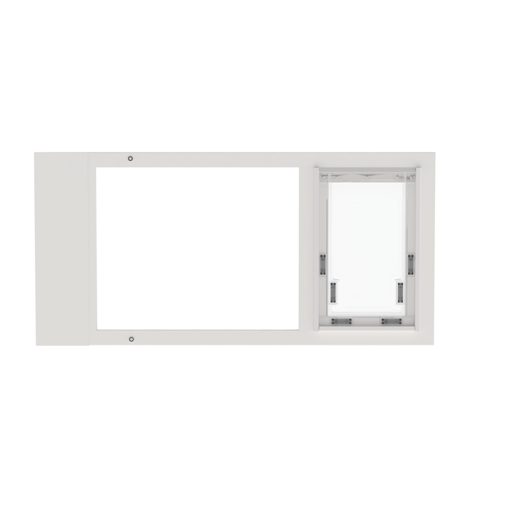 A front view of a white Dragon brand double flap pet door insert for aluminum sash windows, closed.