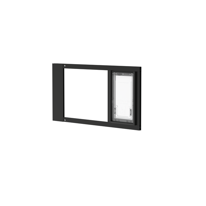 Black Dragon double flap pet door insert for aluminum sash windows, front view, tilted, with locking cover. Ideal for renters or vacation homes.