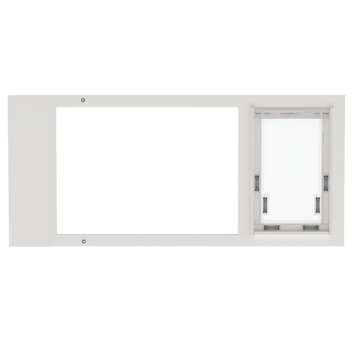  Large white Dragon single flap pet door for sash windows, front view, open. Two-piece flap design for improved sealing and insulation.