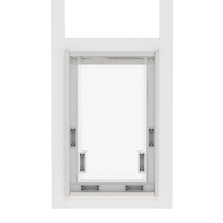 A zoomed-in front view of a white aluminum sliding glass door insert for a Dragon brand pet door, closed.