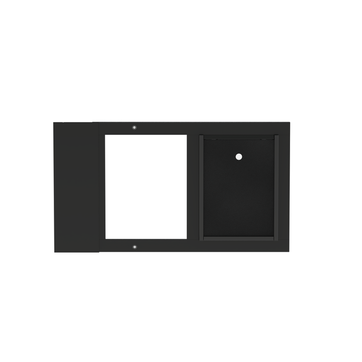 Black Dragon double flap pet door insert for sash windows, front view, angled, with locking cover. Top-loading locking cover restricts pet access and adds security when needed.