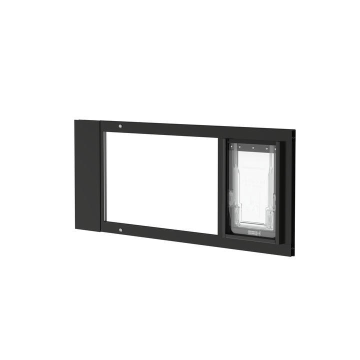 Black Dragon double flap pet door insert for sash windows, front view, angled. Adjustable width ranges to fit windows 22"-43" wide.