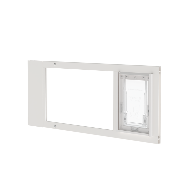 White Dragon double flap pet door insert for sash windows, front view, angled. Available in seven width adjustment ranges to fit windows 22"-43" wide.