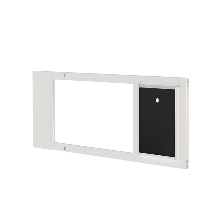 White Dragon double flap pet door insert for sash windows, front view, angled. Translucent, flexible flap for easy access for pets of all sizes.
