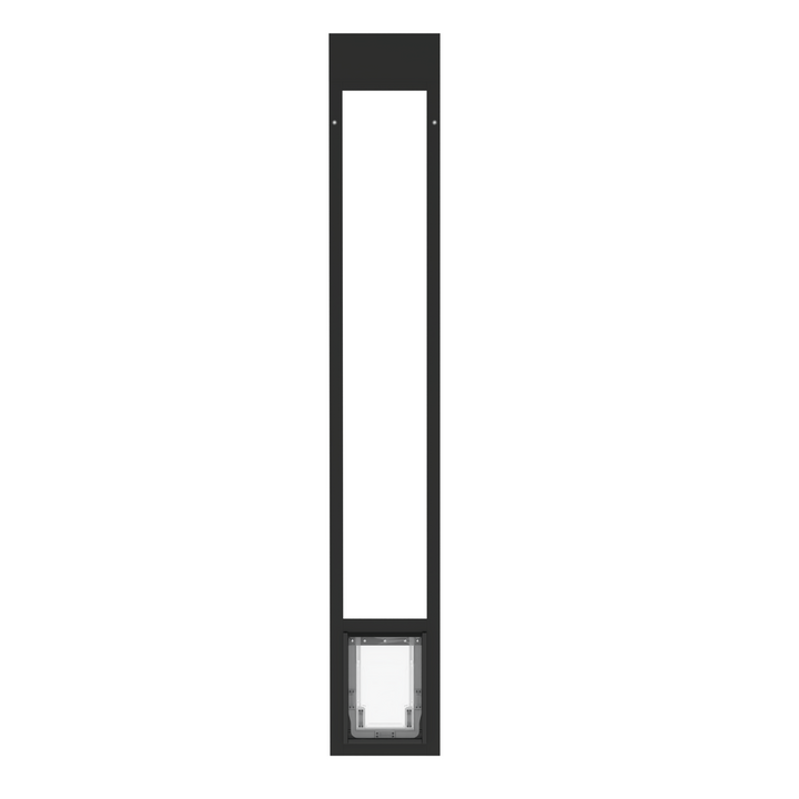 Black Dragon single flap pet door for aluminum sliding glass doors, front view. Sturdy aluminum frame available in black or white to match your home's decor.