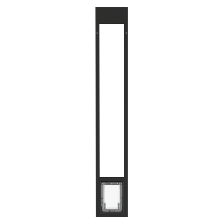 Black Dragon single flap pet door for aluminum sliding glass doors, front view. Economical, removable pet door solution for aluminum sliding glass doors.