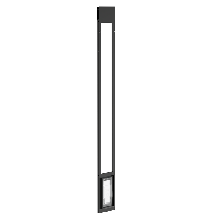 Black Dragon single flap pet door for aluminum sliding glass doors, front view, angled. Two-piece flap design for improved insulation and energy efficiency.
