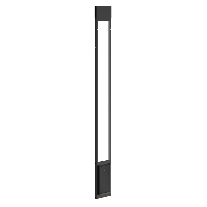 Black Dragon single flap pet door for aluminum sliding glass doors, front view, angled, with locking cover. Sturdy aluminum frame available in black or white to match your home's decor.