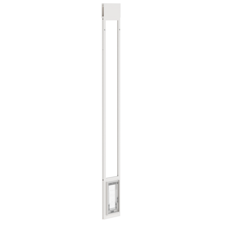 White Dragon single flap pet door for aluminum sliding glass doors, front view, angled, with locking cover. Sturdy aluminum frame available in black or white to match your home's decor.