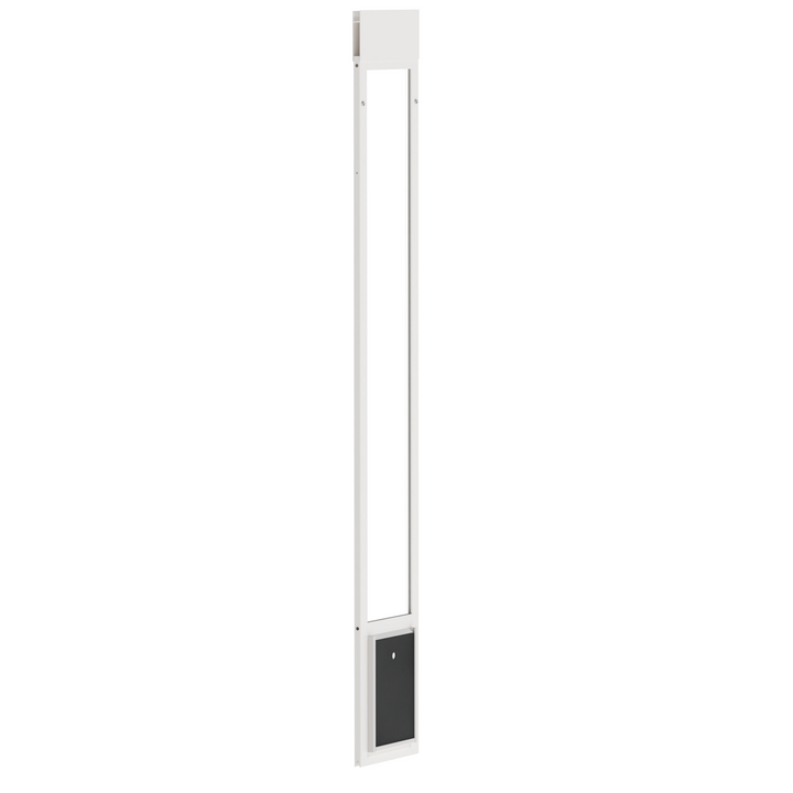 White Dragon single flap pet door for aluminum sliding glass doors, front view, angled. Two-piece flap design for improved insulation and energy efficiency.